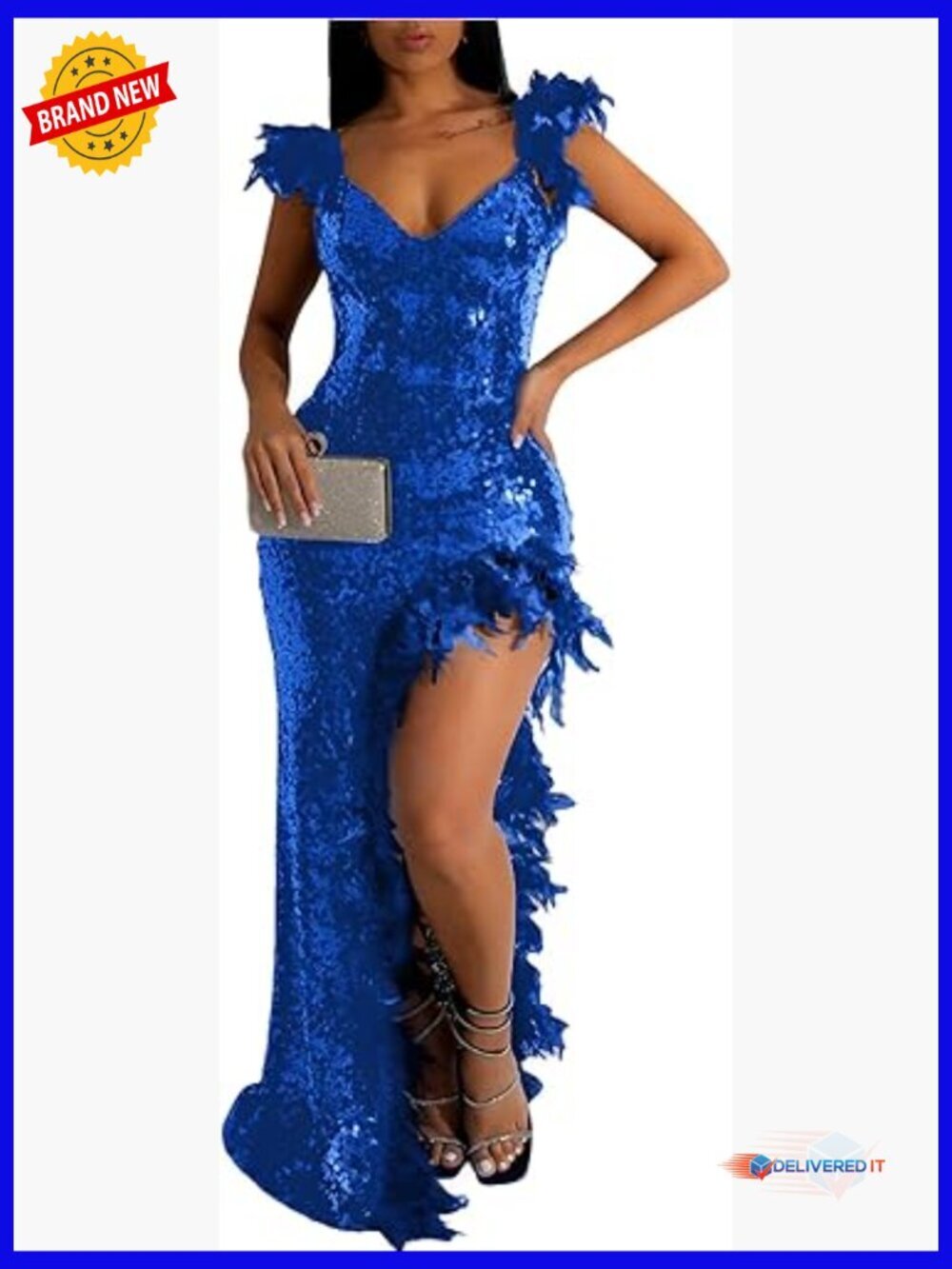Sequin Feather Prom Dress Deep V Neck High Slit Formal Gown
